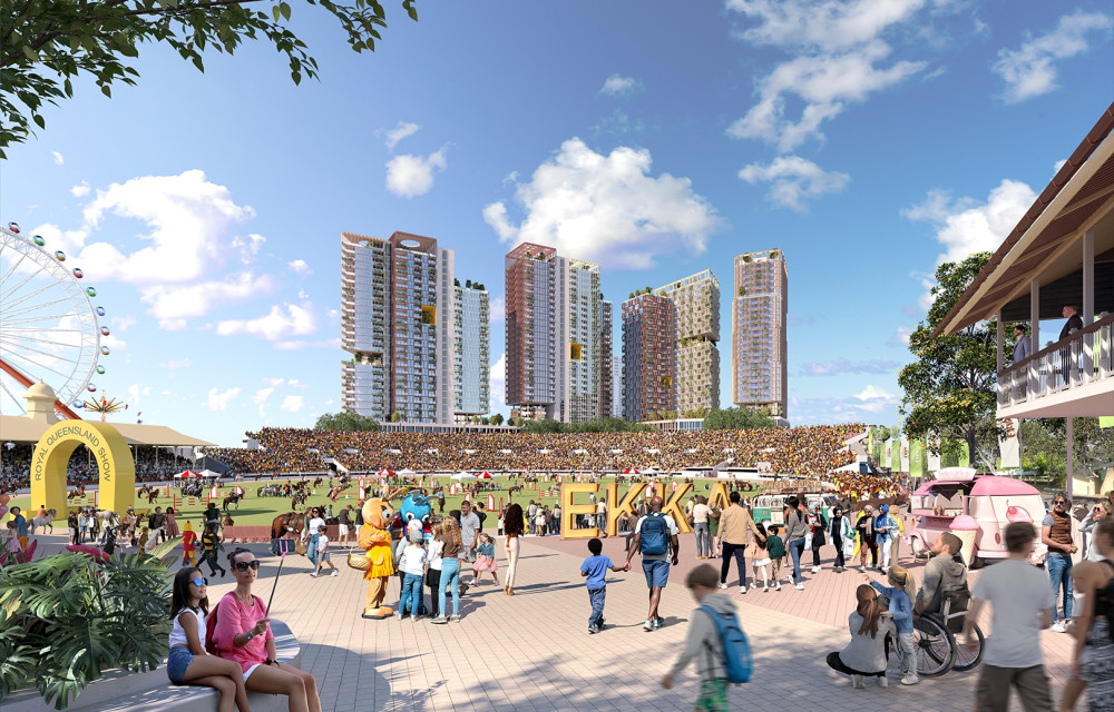Artist’s impression of Brisbane Showgrounds redevelopment showing new 20,000‑seat arena at Machinery Hill amid heritage grandstands