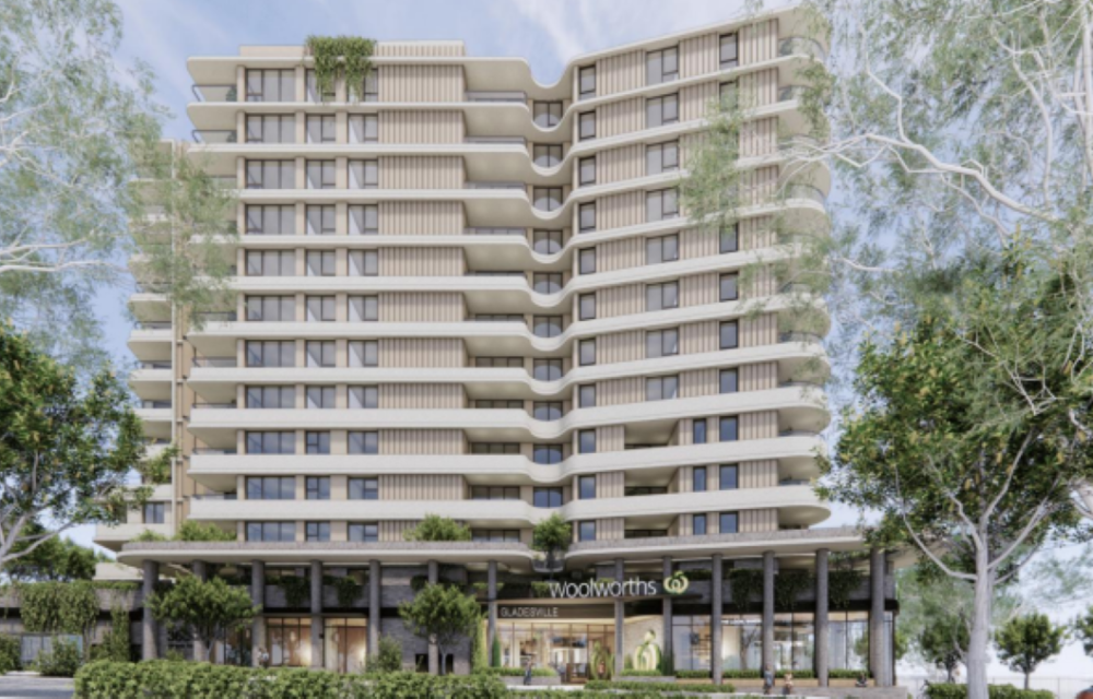 Rendering of a proposed 13-storey mixed-use development in Sydney Inner West with retail at ground level and residential dwellings above.