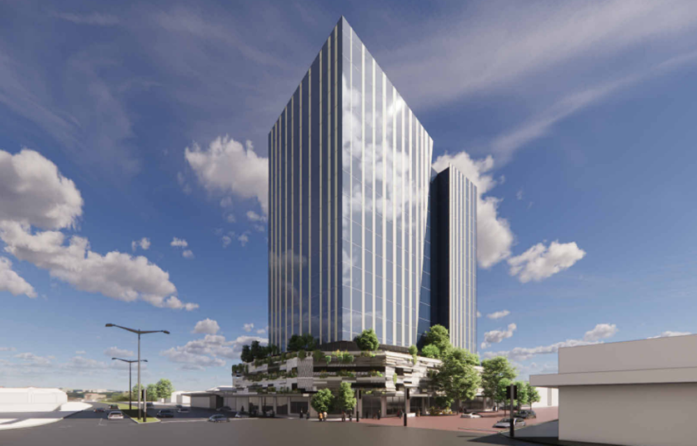 Artist impression of an approved mixed-use office tower with ground-floor retail, parking and landscaped façades in the Perth region.