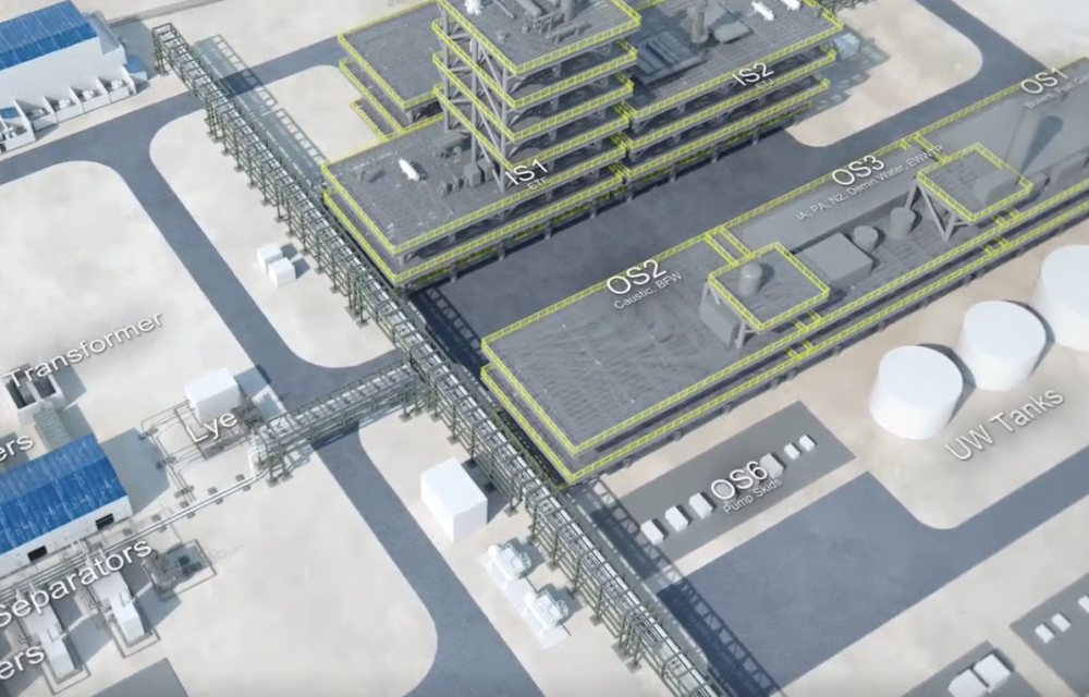 3D rendering of the Project Ulysses alcohol-to-jet process plant showing modular ISBL and OSBL units, pipe racks, pump skids, utilities and storage infrastructure.