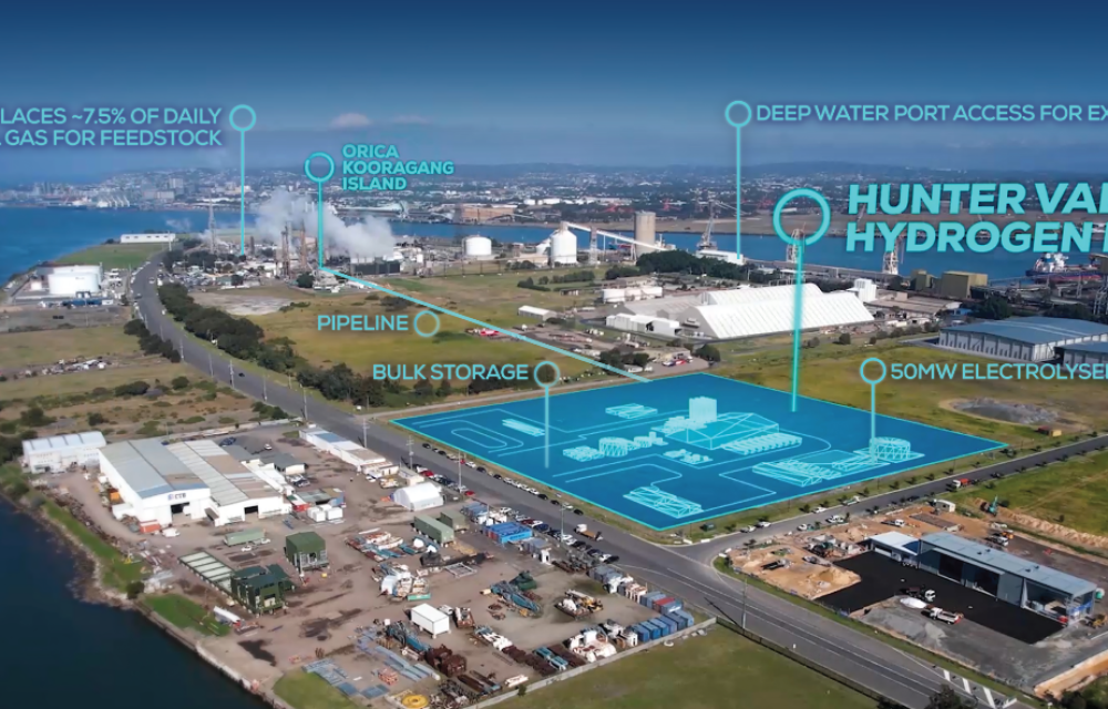 ARENA-funded renewable hydrogen project by Orica in Newcastle, featuring 50MW electrolyser and pipeline supply infrastructure