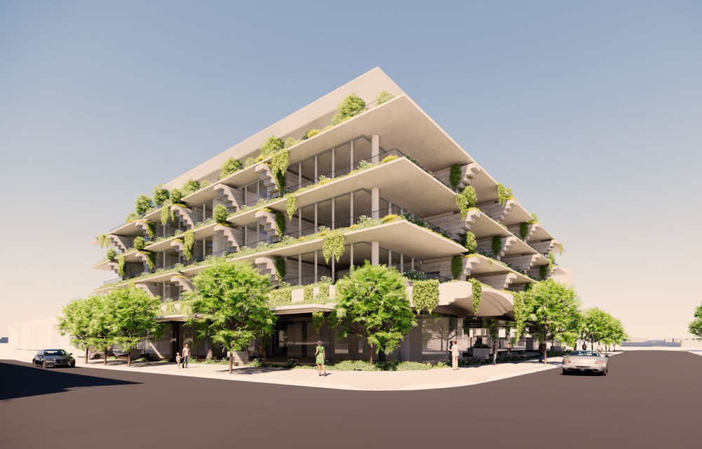 Architectural rendering of The Gallery, a mixed-use development in Hamilton featuring retail and rooftop spaces.