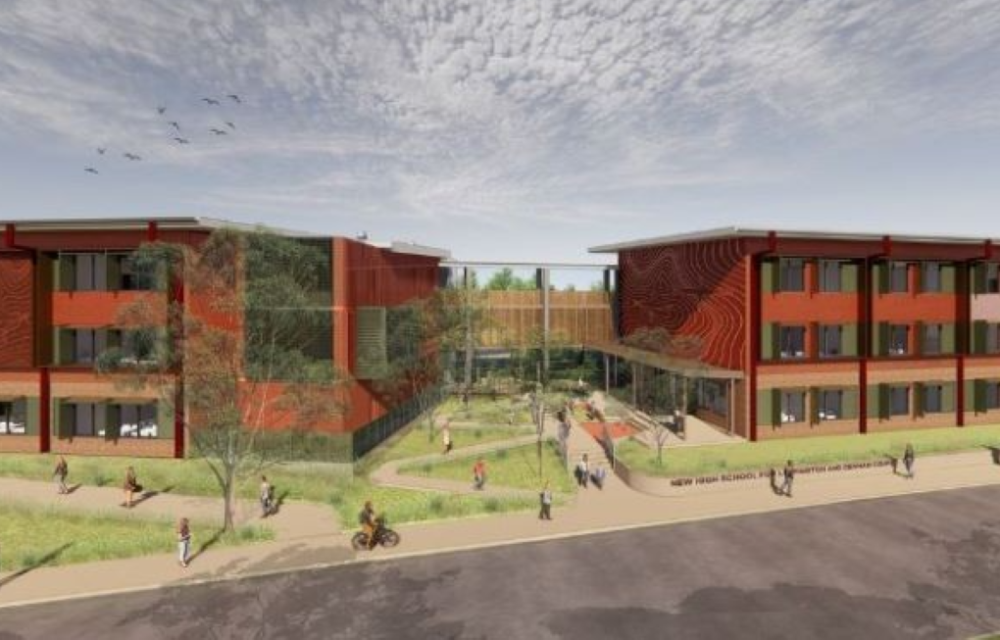 Artist impression of a new high school under construction in Western Sydney, part of a $36 million educational infrastructure project