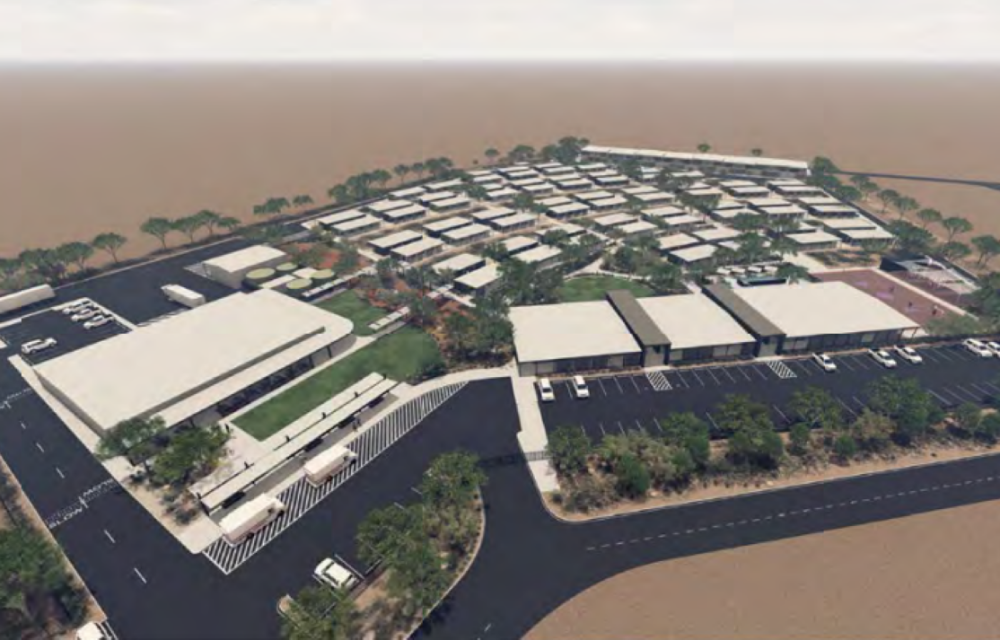 Artist impression or site plan of workforce accommodation project in Pilbara region featuring modular units and communal facilities