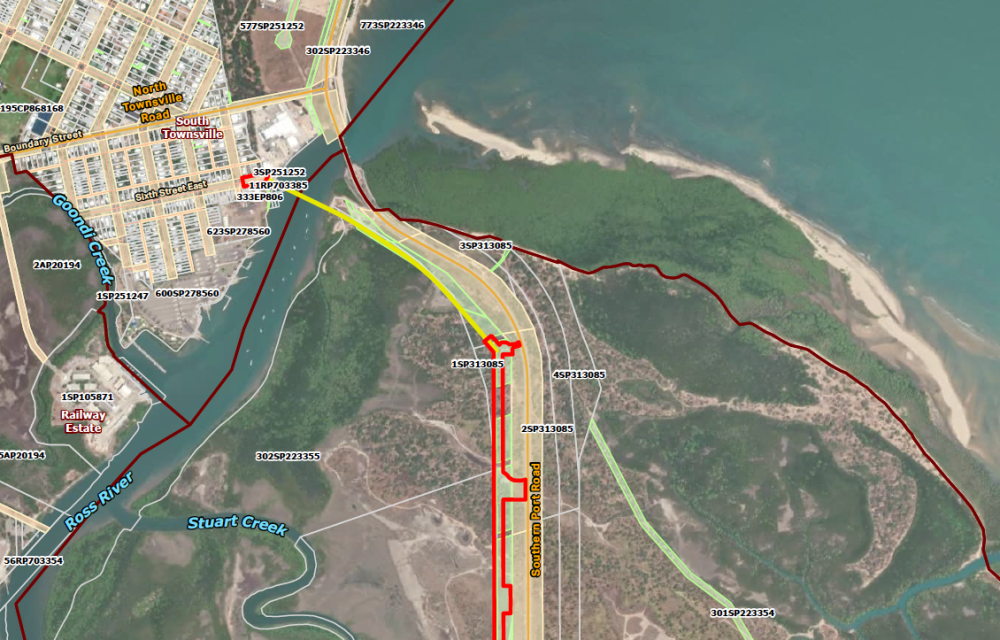 Aerial view of proposed alignment for the Eastern Outfall Pressure Main Replacement Project in Townsville, showing pipeline route through the State Development Area and Ross River crossing.