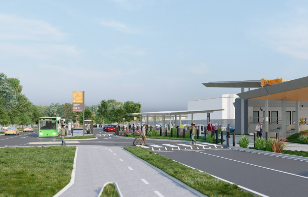 Construction activity at Loganlea Station relocation site, showing rail infrastructure, earthworks, and community access upgrades in progress.