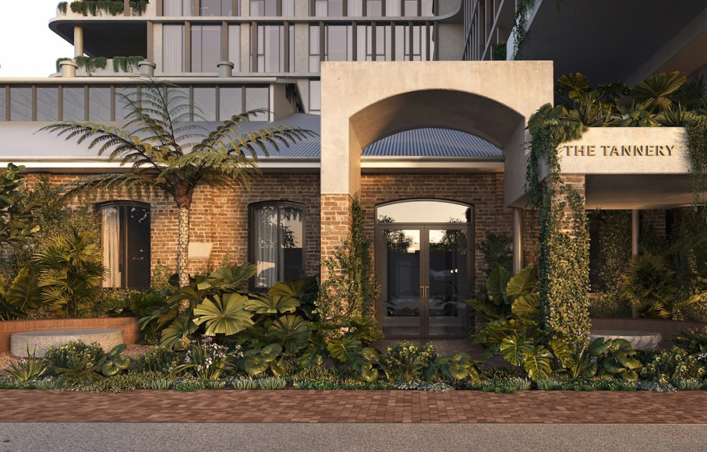 Architectural rendering of The Tannery Residences in West End, Brisbane, featuring a preserved 19th-century tannery building