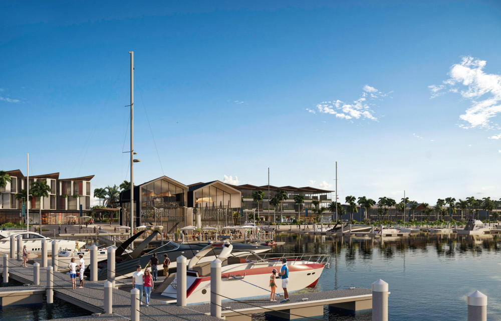 Aerial conceptual rendering of waterfront development: residential buildings, marina, hotel precinct, and riverfront parkland.