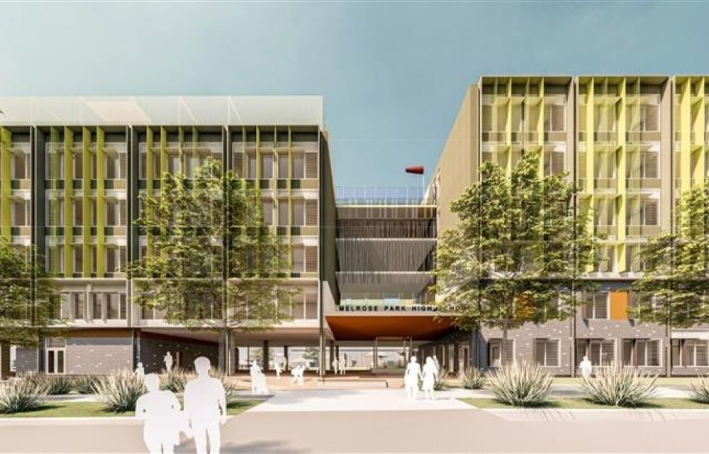 Rendering of a new vertical high school development in Western Sydney set for completion by 2027