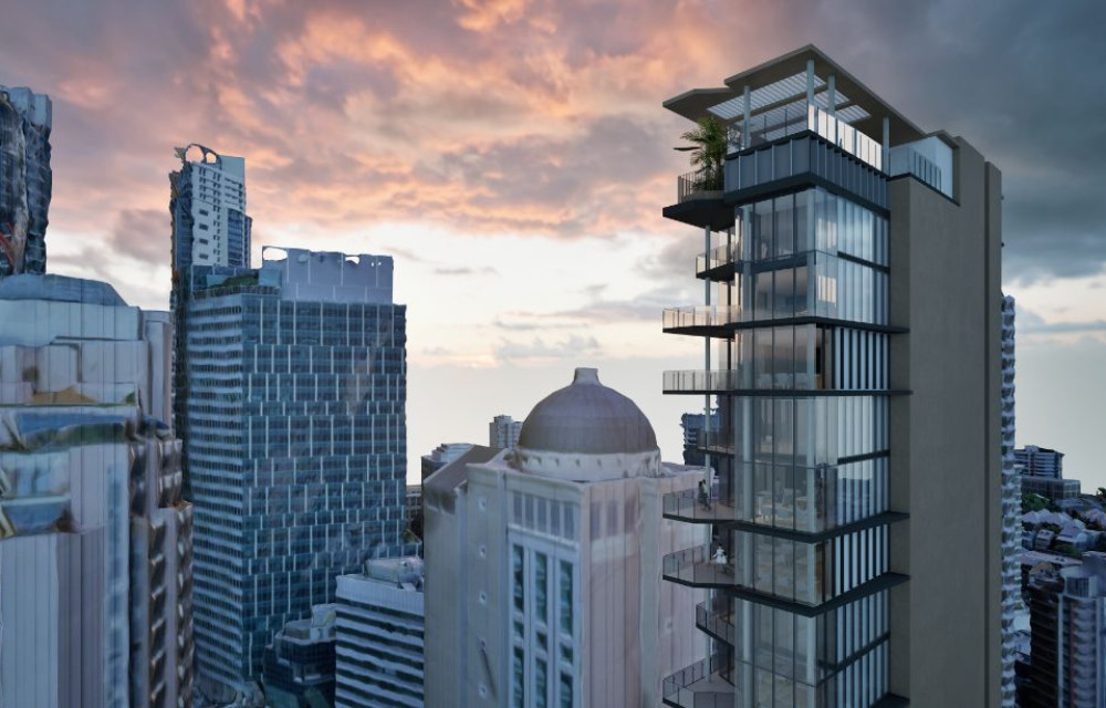Architectural rendering of the proposed 36‑storey residential tower at 457 Adelaide Street, showing slender façade, balconies, podium landscaping, rooftop pool and Brisbane city skyline.
