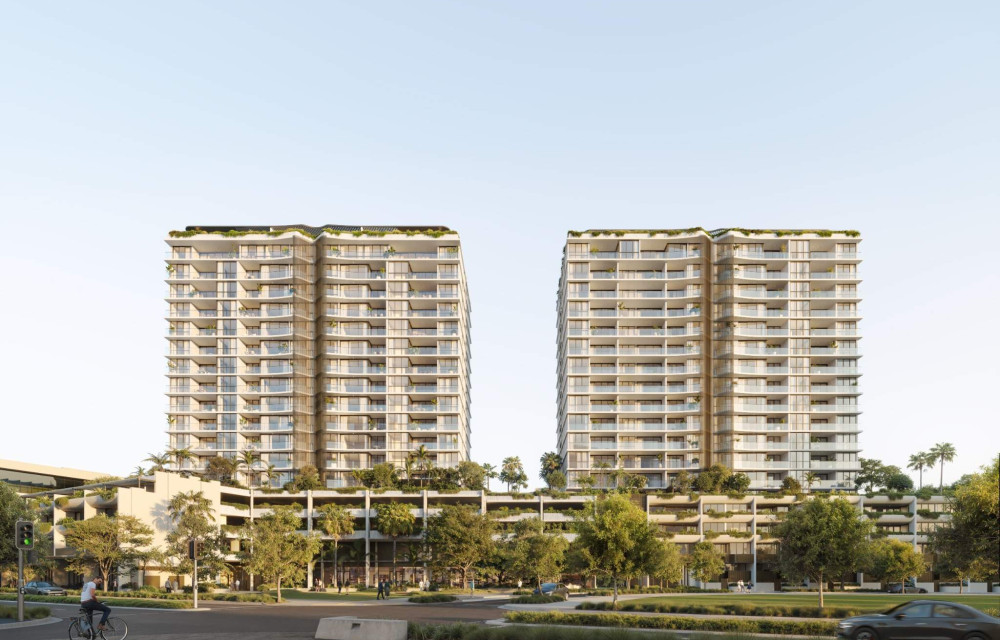 Architectural render of SOL twin towers in Maroochydore CBD, showing two 19-storey residential buildings with retail podium and landscaped amenities