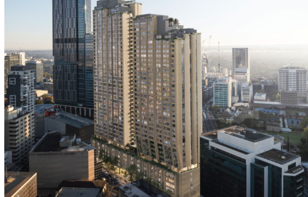 Render of proposed mixed-use development featuring two tall residential towers and a hotel in Western Sydney