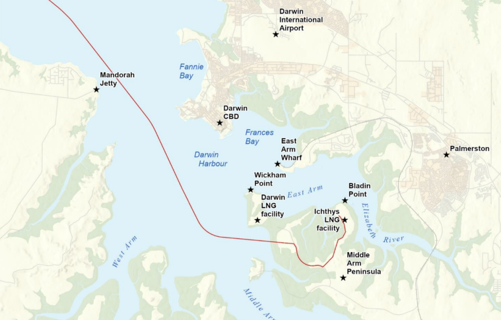 Map showing the location of the Ichthys LNG facility at Bladin Point in Darwin Harbour, Northern Territory, with nearby infrastructure and transport links.