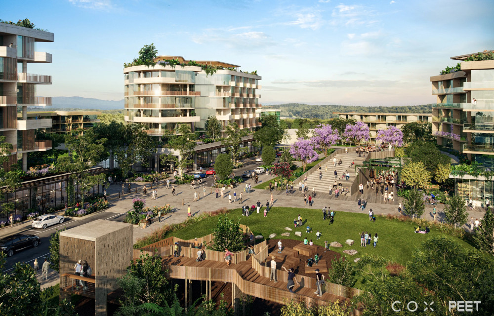 Artist impression showing planned residential community with roads, green space, and housing lots enabled by infrastructure investment in Queensland