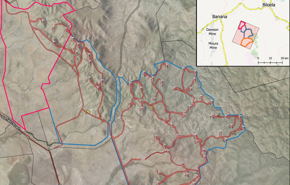 Aerial view of proposed wind farm site near Banana in Central Queensland showing turbine layout, substations, and access tracks across rural grazing land.
