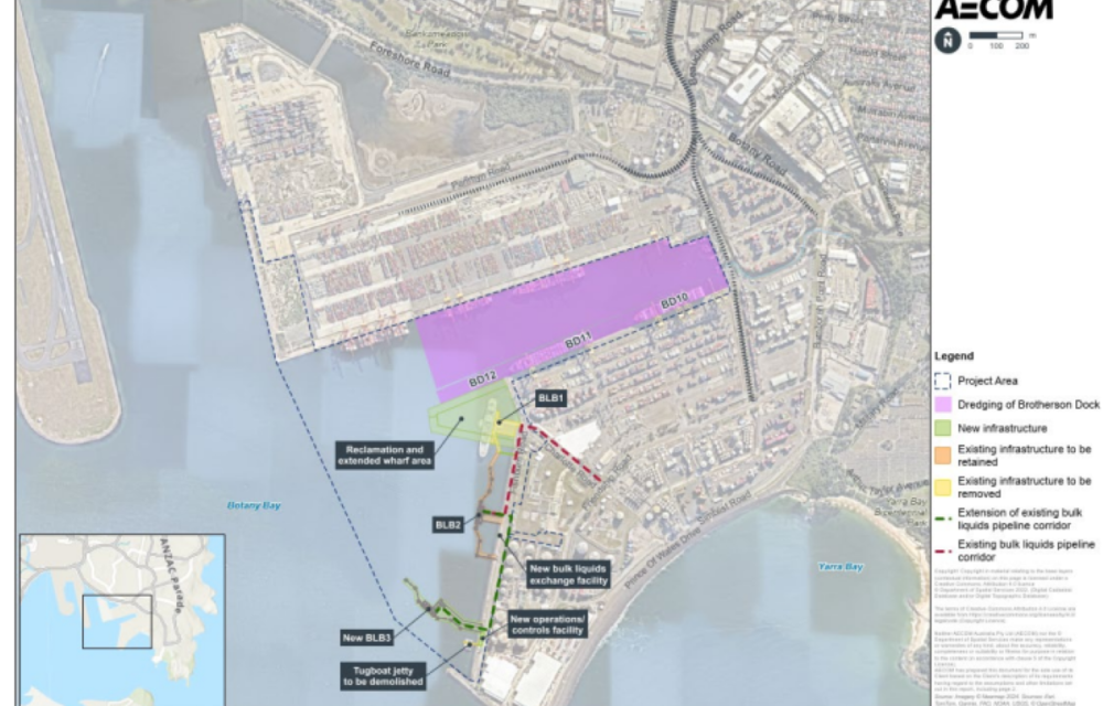 Aerial concept image of the planned Port Botany quayline extension project in southern Sydney, expanding wharf and quayline infrastructure