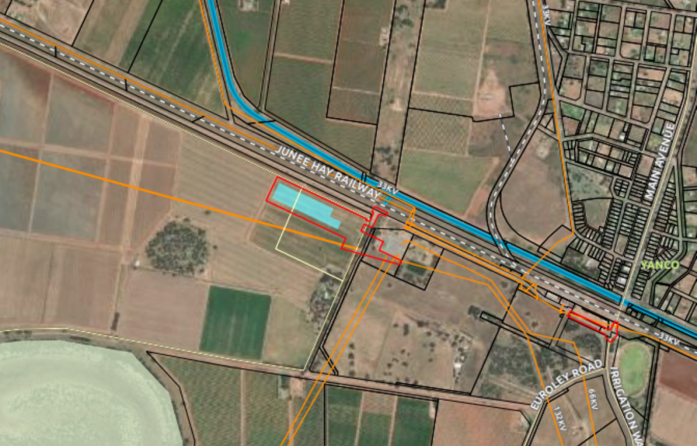 Illustration of proposed energy storage facility featuring lithium-ion battery containers and associated infrastructure in regional Riverina, NSW