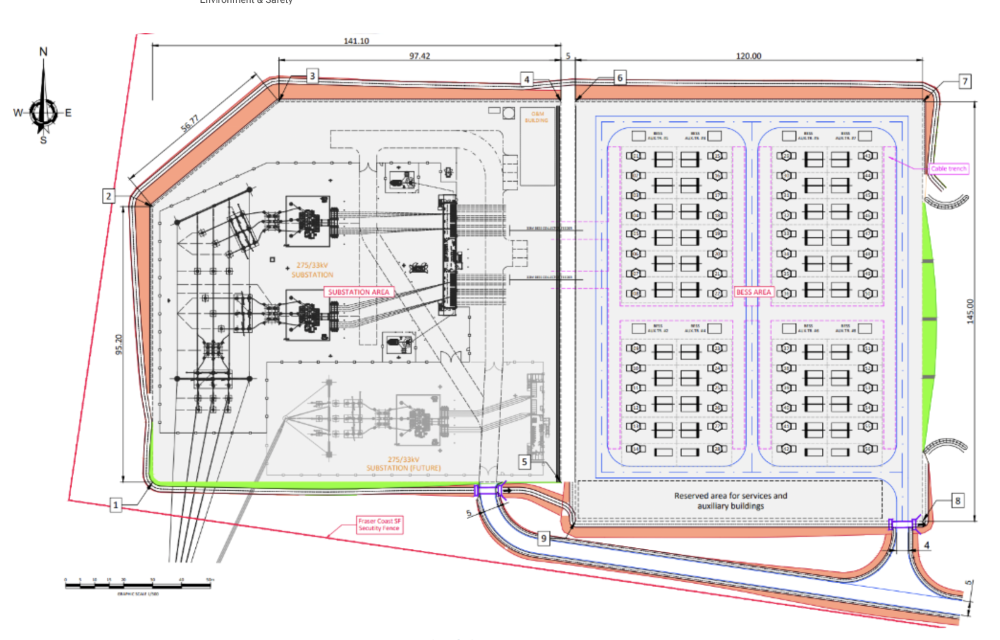 Battery storage containers under construction on Queensland’s Fraser Coast, with workers and access roads visible among cleared paddocks.