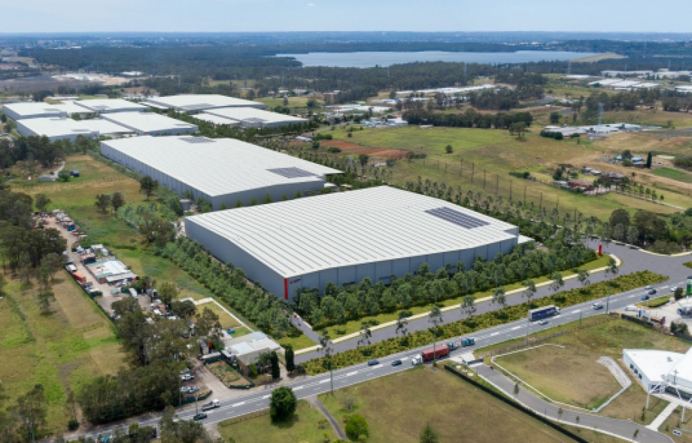 Proposed industrial development in Western Sydney featuring multiple warehouse buildings and supporting infrastructure