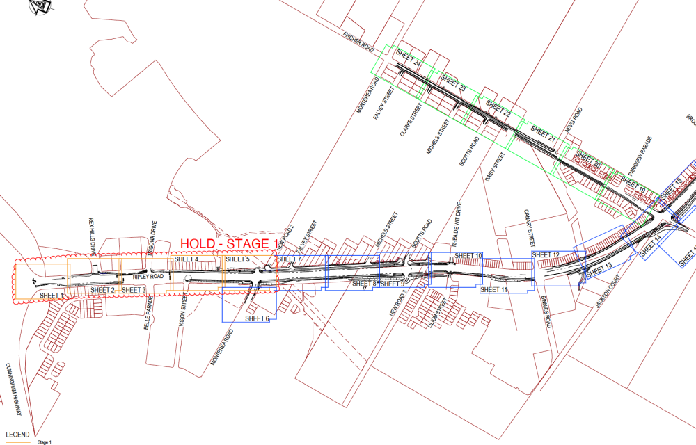 Map showing the Ripley Road and Fischer Road upgrade alignment south of Ipswich, Queensland, highlighting Stages 2 and 3 within the Ripley Valley PDA.