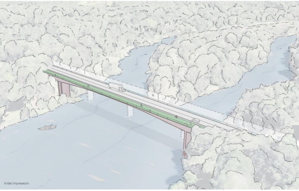 Construction concept of new two-lane bridge with shared active-transport path spanning the Barron River at Kuranda, Queensland.