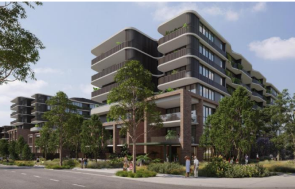 Artist impression of a proposed multi-tower residential development in Western Sydney featuring landscaped open spaces and modern architectural design