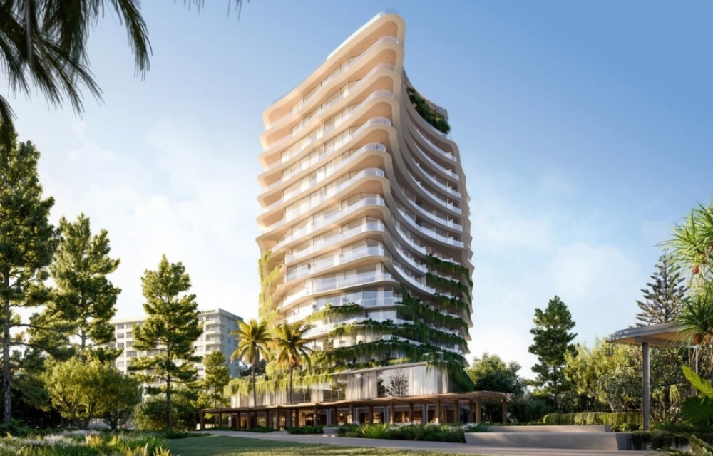 Artist impression of a luxury beachfront hotel and foreshore redevelopment on the Sunshine Coast showing public spaces and coastal landscaping