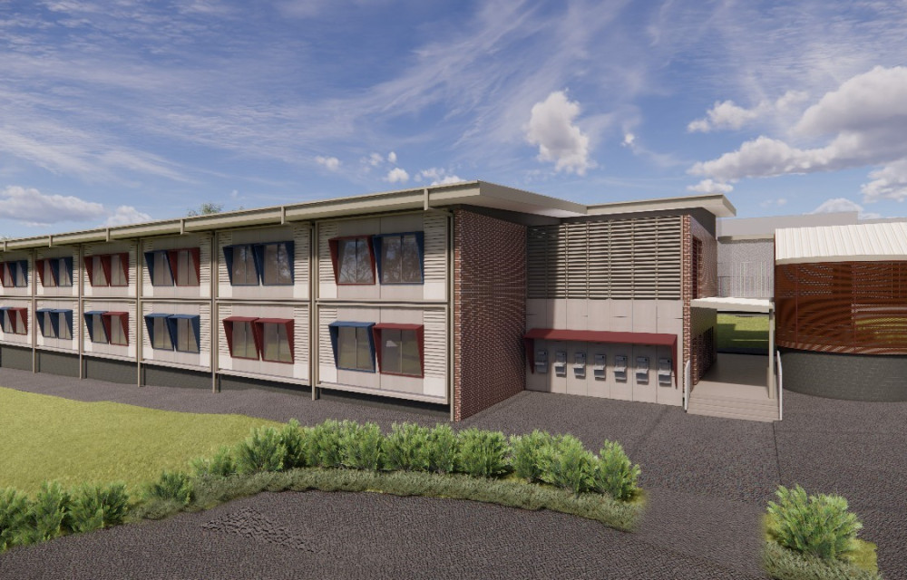 A high-school campus undergoing a major upgrade featuring new permanent classrooms, improved access areas and internal roadwork enhancements.