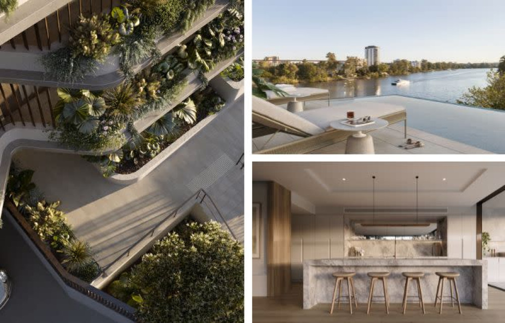 Artist impression of a luxury riverfront residential development in brisbane’s inner south, showing contemporary architecture overlooking the river.