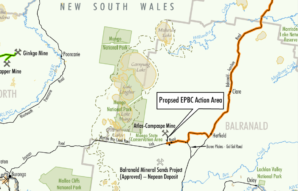 Map showing the proposed optimised services corridor connecting two deposits within a mineral sands operation in Far West NSW.