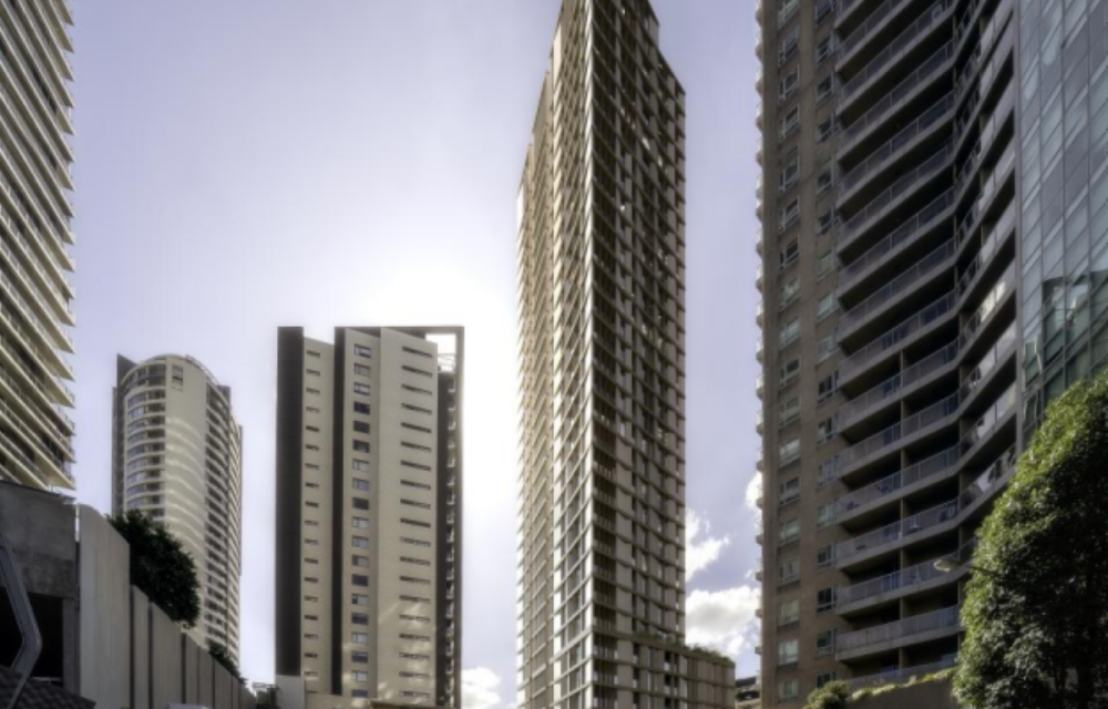 Illustration of a proposed mixed-use residential tower featuring commercial podium levels and landscaping in an urban setting