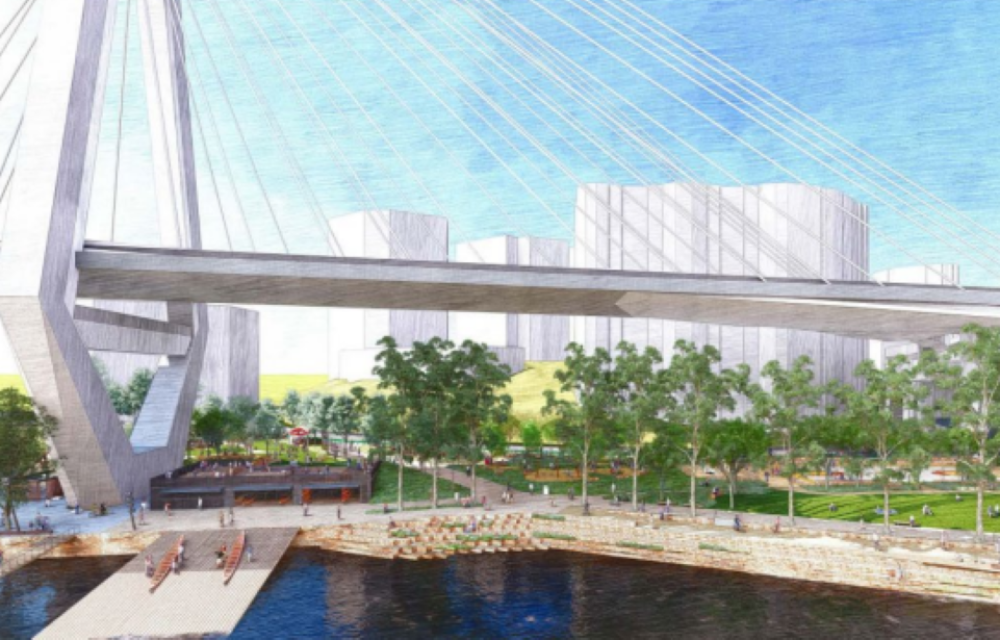 Construction works commence on a large waterfront public park and boating precinct featuring recreation facilities and harbour infrastructure in the Sydney region.