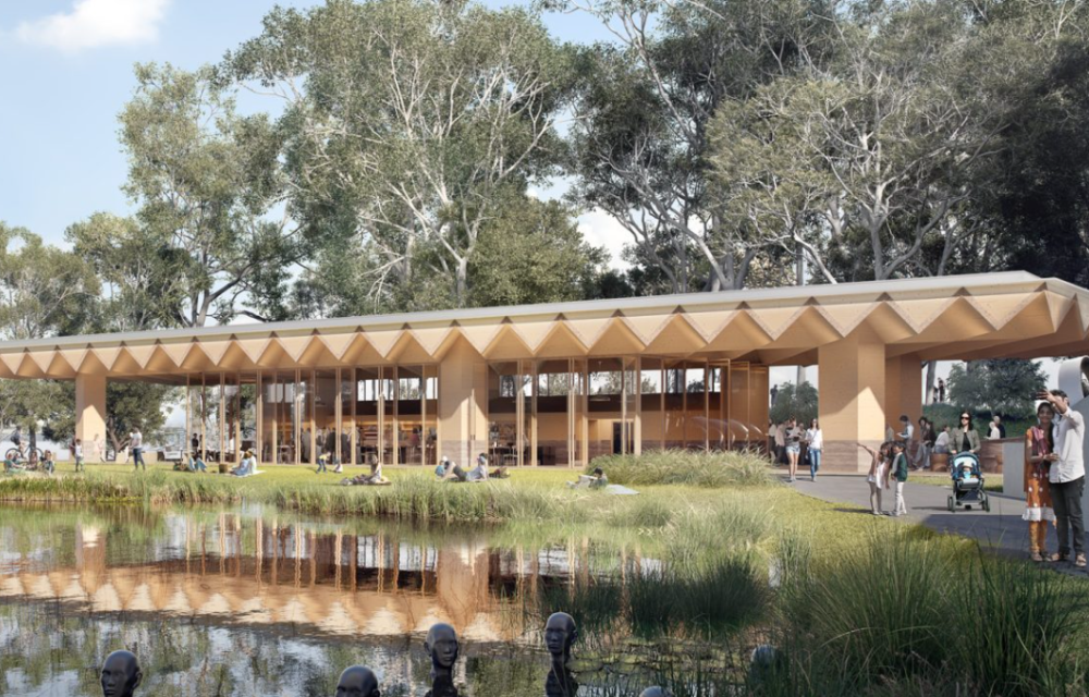 Artist impression of a revitalised sculpture garden featuring landscaped outdoor spaces, a modern pavilion and improved visitor amenities.