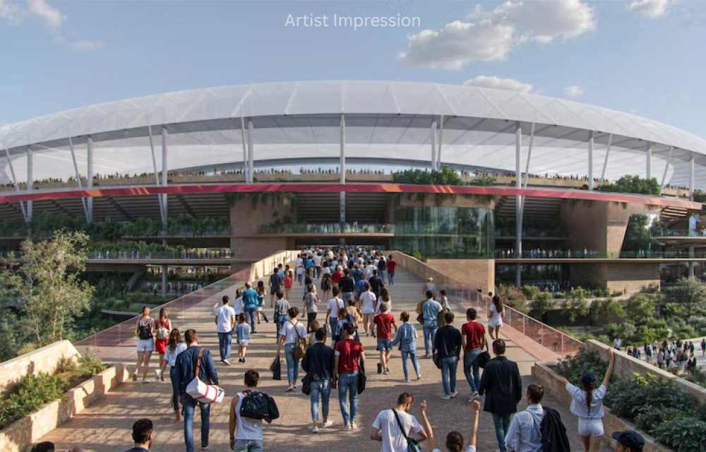 Artist impression of a large modern stadium integrated into parkland with surrounding city skyline and public spaces