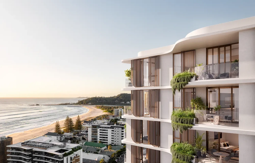 Architectural rendering of Corallo Palm Beach coastal residential tower overlooking the ocean.