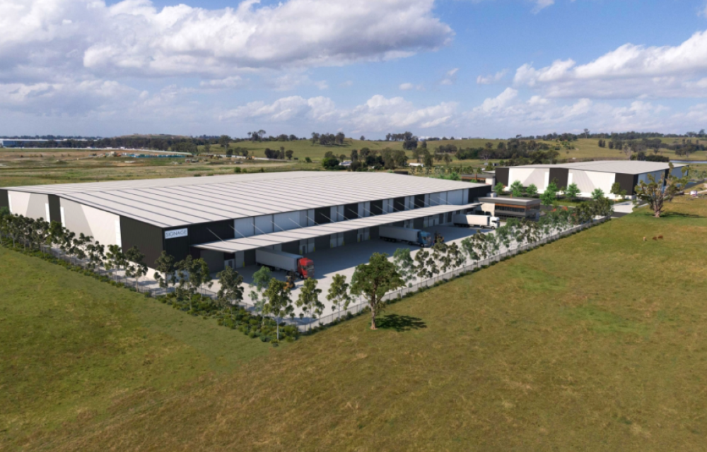 Approved warehouse and distribution centre development in Western Sydney featuring two warehouses, civil works, internal roads and landscaping.