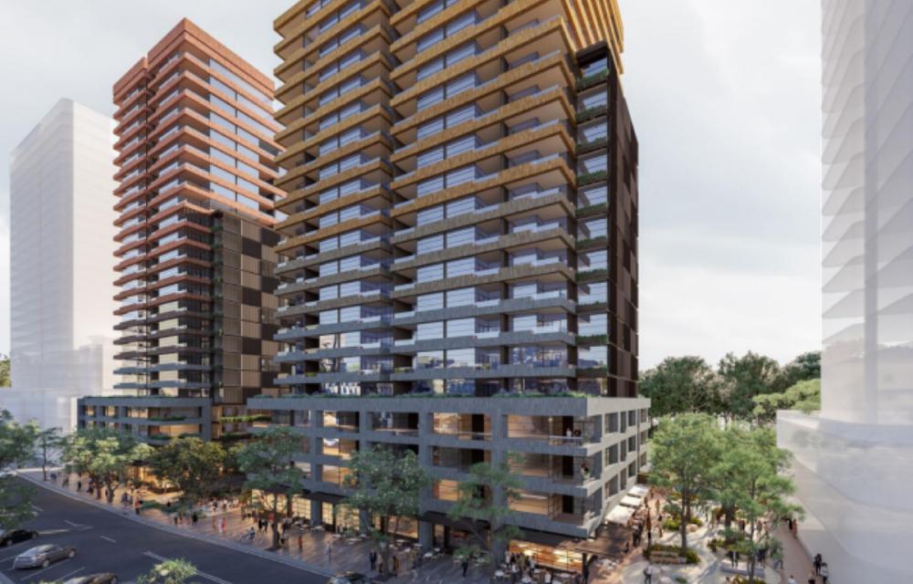Artist impression of an approved mixed-use development in Western Sydney featuring two residential towers above a shared podium with retail and community uses.
