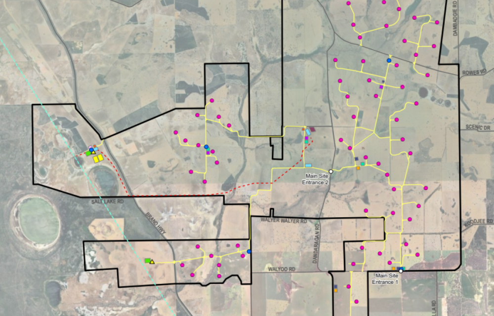 Proposed large-scale wind farm with battery storage in the WA Wheatbelt, featuring multiple turbines, grid connection infrastructure and construction facilities.